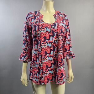 Katgerine Way Medium Red and White Bell Sleeve Graphic Blouse R5